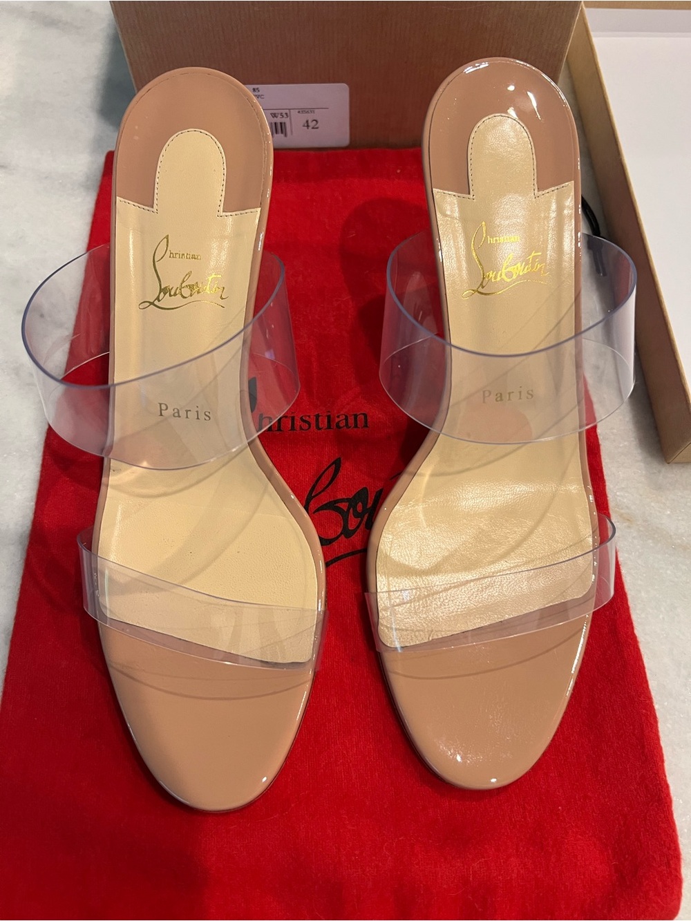 Christian Louboutin Nude Patent Leather Sandals with Clear Straps. Size 42